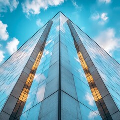 Obraz premium Looking up at a tall glass building reflecting clouds on a sunny day