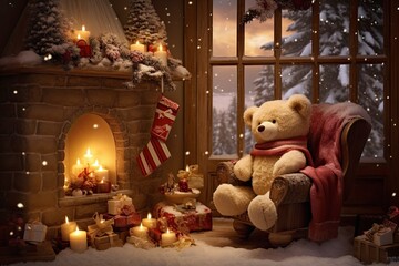 Cozy Christmas Scene. A Teddy Bear's Winter Wonderland