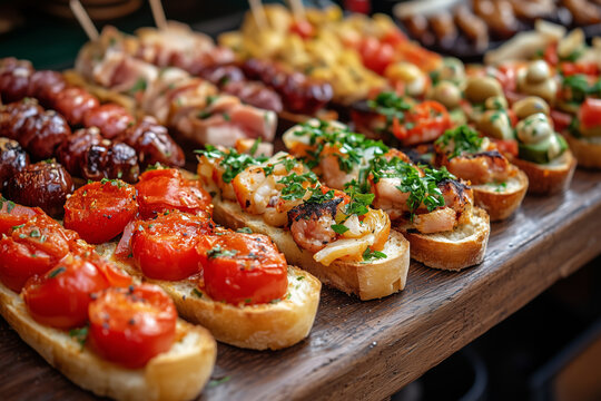 A vibrant assortment of Spanish pintxos beautifully arranged on wooden boards in a lively culinary setting