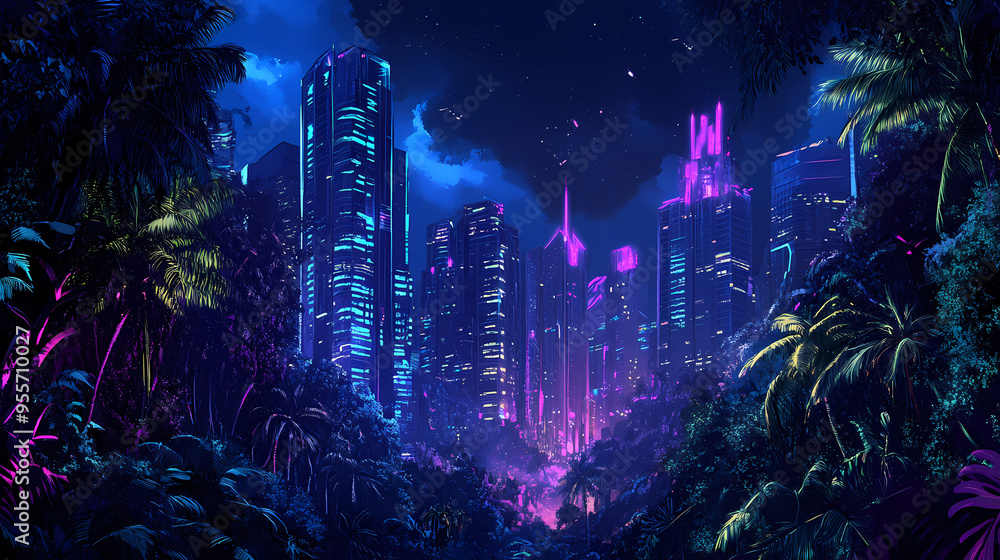 Wall mural Futuristic neon-lit city in jungle environment. Urban Jungle. Illustration