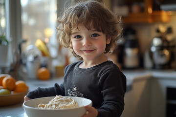A joyful boy baking in a cozy kitchen, cheerfully mixing ingredients to create a delicious treat