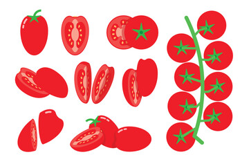 Set of Cherry Tomatoes, Farm fresh red Tomato product emblem for grocery shop, Slides, long and cross sections, and different positions, simple flat vector illustration of vegetables and fruits.