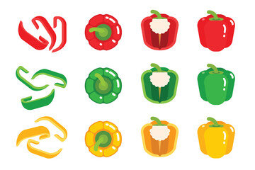 Set of colored Bell Pepper, Farm fresh Pepper product emblem for grocery shop, Slides, long and cross sections, and different positions, simple flat vector illustration of vegetables and fruits.