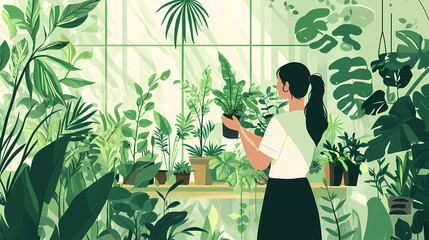 Green illustration of a women gardening, scene full of plants , urban jungle, graphic abstract concept. Urban Jungle. Illustration