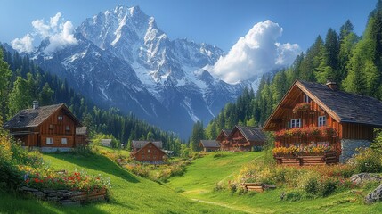Obraz premium picturesque alpine village ornate wooden chalets window boxes overflowing with colorful flowers lush green meadows majestic snowcapped peaks crystalclear summer sky