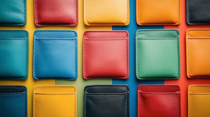 Colorful leather wallets arranged on a vibrant background in daylight