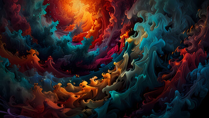 Vibrant, colorful smoke spiraling and twisting in a chaotic yet harmonious way, creating an abstract landscape of color and texture
