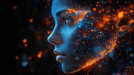 pixelated ai humanoid portrait composed of blue and orange hexagons creating a striking contrast against a deep black background