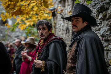 Obraz premium A humorous encounter between Dracula and a bewildered hunter in a medieval village with autumn foliage