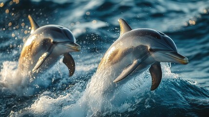 playful dolphins leaping from azure ocean waters sunlight glints off sleek bodies midair joyful energy and grace captured in frozen moment of aquatic acrobatics
