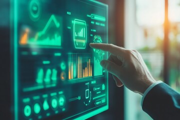 Businessman interacting with virtual screen to audit energy efficiency in building construction