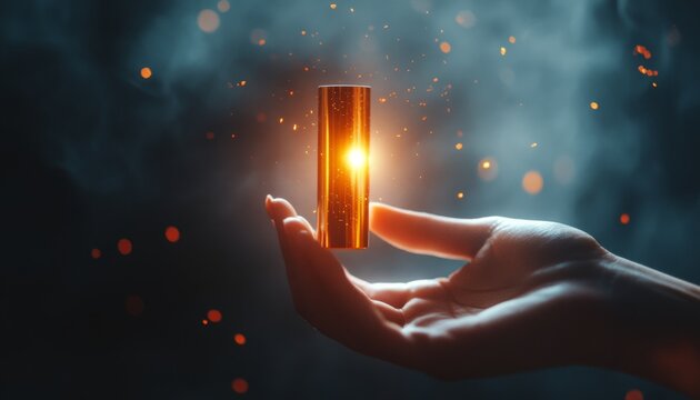 Elegant hand grasping a fully charged battery, symbolizing energy and vitality in photography