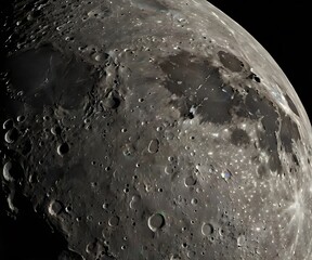 Close moon holes with slight bright lights on it's surface, textured moon surface with holes and rocks on it