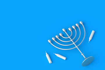 Menorah for Hanukkah near candles on blue background. Traditional hebrew festival. Copy space. 3d render