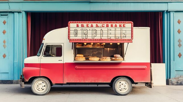 Classic mobile bakery truck with vintage signage, parked in front of an old theater, nostalgic feel