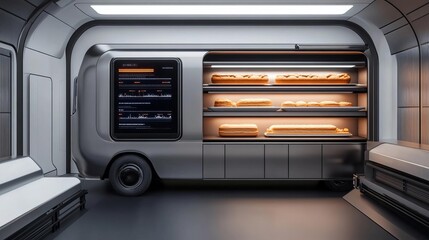 Obraz premium Futuristic mobile bakery truck with digital displays, sleek metallic look, set in a high-tech urban environment