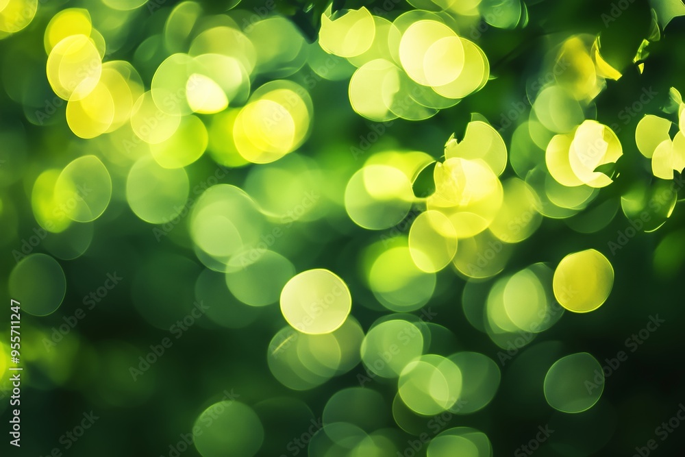 Poster a vibrant display of green bokeh lights created by sunlight filtering through leaves in a lush garde
