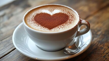 Classic white cup of cappuccino with heart foam and cocoa dusting