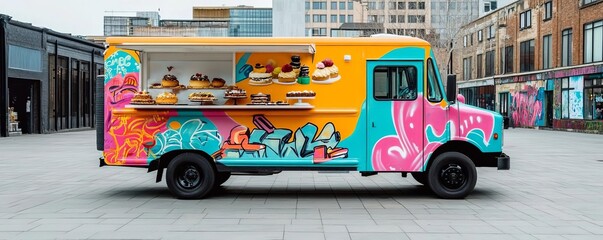 Obraz premium Mobile bakery truck with a vibrant graffiti exterior, urban cool, serving trendy desserts in a lively square