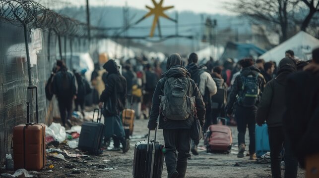 Groups of refugees navigate an overcrowded border crossing, carrying suitcases and backpacks, as they face uncertainty and hardship. Generative AI