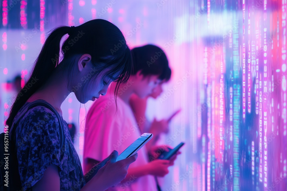 Poster individuals look down at their smartphones surrounded by floating digital numbers, portraying a sens