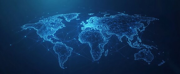 Abstract polygonal world map with glowing lines and dots.