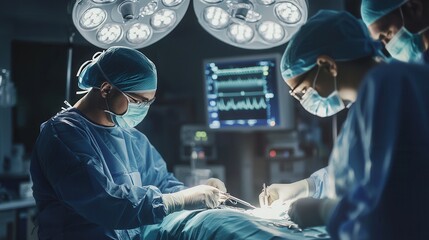 A team of surgeons works diligently in a sterile operating room, focused on performing a critical surgical operation. Generative AI