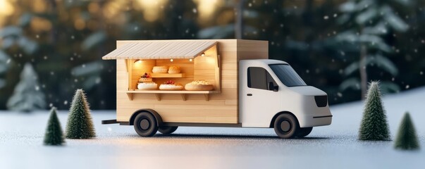 Mobile bakery truck with a cozy cabin design, warm wood and soft lighting, set in a winter scene