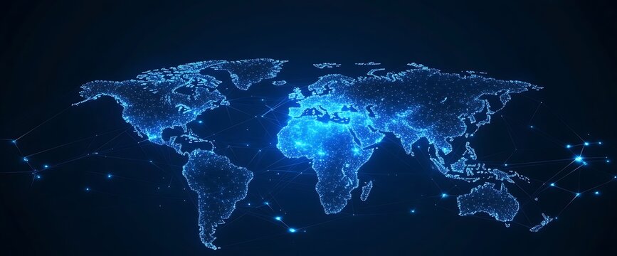 Fototapeta World map in glowing digital style with blue light effect and connections.