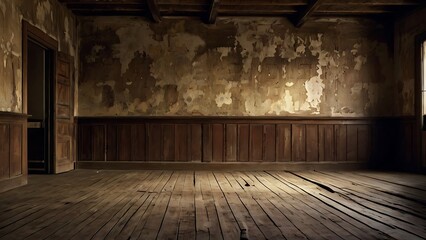 Old abandoned house living room indoor view textured rotten brown and white wall