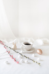 Easter home design. Greeting card. Minimalist white interior.