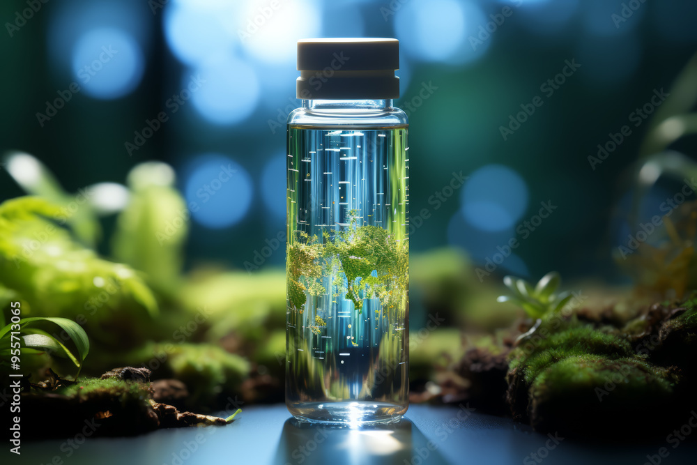 Poster a vaccine vial with a tiny world inside. concept of immunization and global health. generative ai.