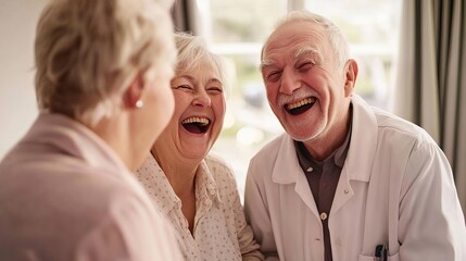 Elderly couple sharing a laugh with their caregiver, bright and joyful, creating positive caregiving experiences