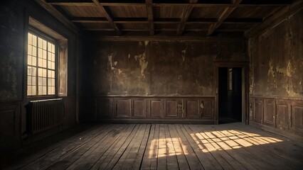 Old abandoned house living room indoor view textured rotten brown and white wall