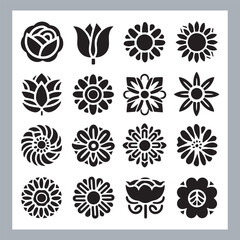 Set of logotype icons flowers Rose, Tulip, Orchid, Sunflower, Lily, Daisy, Daffodil, Jasmine, Lavender, Marigold, Peony, Chrysanthemum, Hibiscus, Poppy, Violet silhouettes in white background