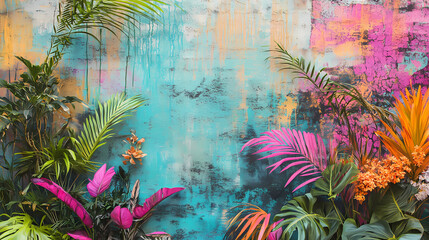 Vibrant tropical jungle mural with colorful abstract nature painting on a wall. featuring exotic flora and botanical artwork. acrylic paint. and artistic illustration. Urban Jungle. Illustration
