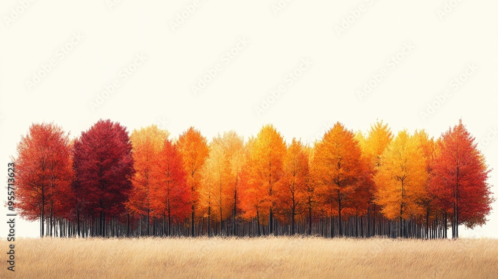 Poster an autumnal landscape with a row of trees in full color, their leaves creating a stunning display of