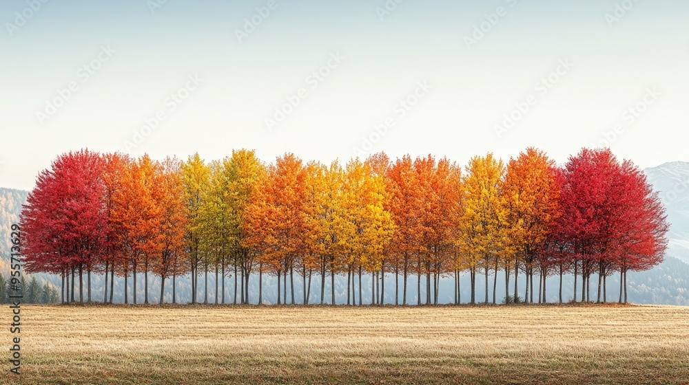 Poster an autumnal landscape with a row of trees in full color, their leaves creating a stunning display of