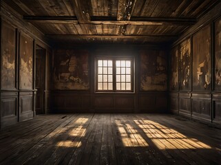 Old abandoned house living room indoor view textured rotten brown and white wall
