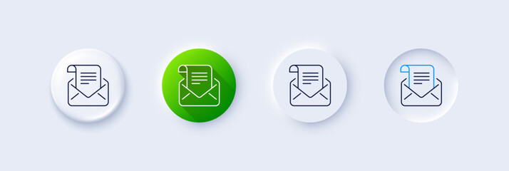 Mail newsletter line icon. Neumorphic, Green gradient, 3d pin buttons. Read Message correspondence sign. E-mail symbol. Line icons. Neumorphic buttons with outline signs. Vector