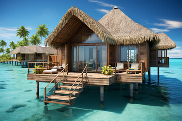 A luxurious overwater bungalow in a lagoon. Concept of exclusive retreat. Generative Ai.
