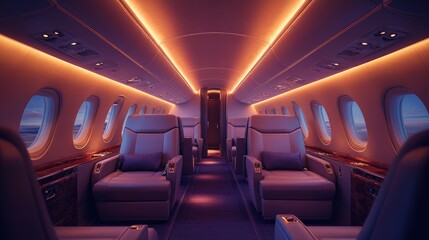 An elegant airplane interior with business-class seating and luxury features, ideal for business travel content. Plenty of room for copy.