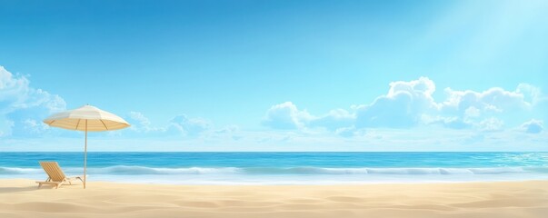 A serene beach scene featuring a sun umbrella, a chair, and gentle waves under a bright blue sky, perfect for relaxation.