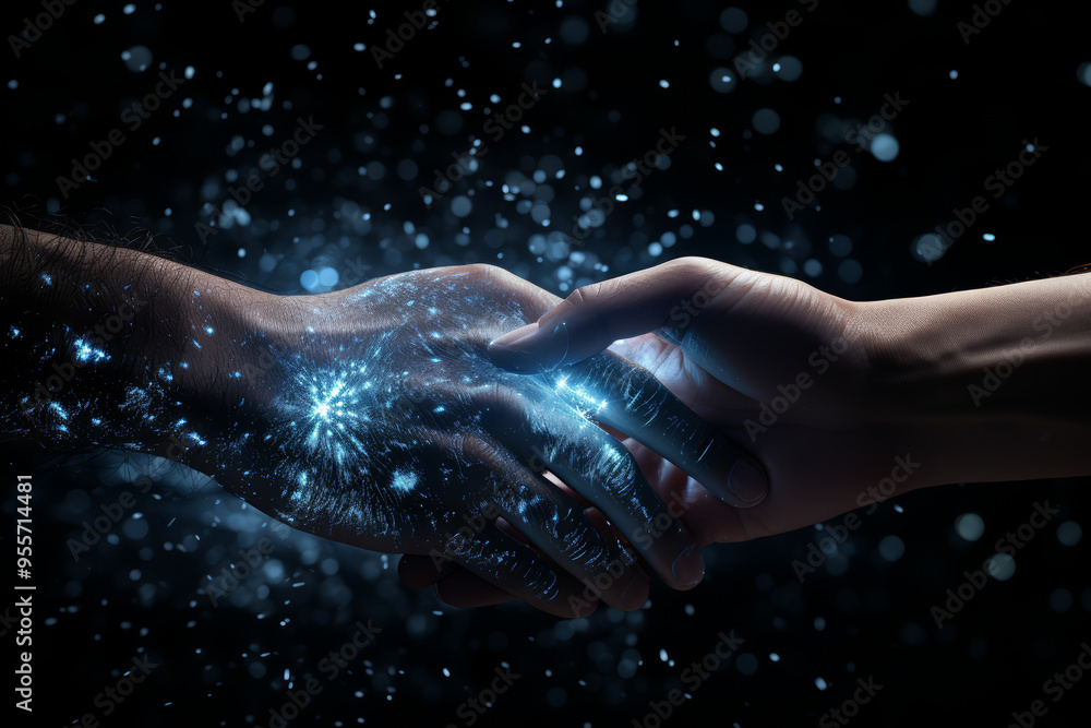 Poster two hands intertwined under a starlit sky. concept of eternal connection. generative ai.