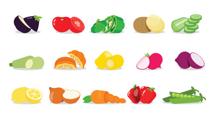 A set of Split vegetables, Carrot, corn, cucumber, Daikon, Eggplant, Hot pepper, Lemon, peas, Pumpkin, Radish, Red Onion, Potato, Tomato, Sweet Onion, zucchini, simple flat vector illustration.
