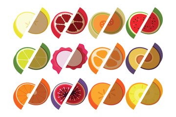 A set of flat Fruits slices, cross sections of Pear, Pomegranate, Cantaloupe, Melon, Watermelon, Sweet lime, Litchi, Kumquat, purple plum, Mandarin, Fig, Persimmon, Pineapple, vector illustration