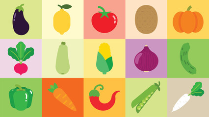 A set of full fresh vegetables, Carrot, corn, cucumber, Daikon, Eggplant, Hot pepper, Lemon, peas, Pumpkin, Radish, Red Onion, Potato, Tomato, Onion, zucchini, simple flat vector illustration