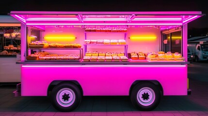 Mobile bakery truck with retro 1960s decor, bold patterns, set in a nostalgic cityscape
