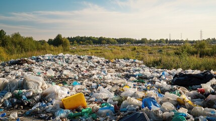 A landfill site with plastic waste scattered everywhere, contributing to environmental degradation and pollution.