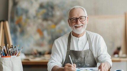 Elderly man engaging in a creative session with his caregiver, cheerful and nurturing, warm and bright